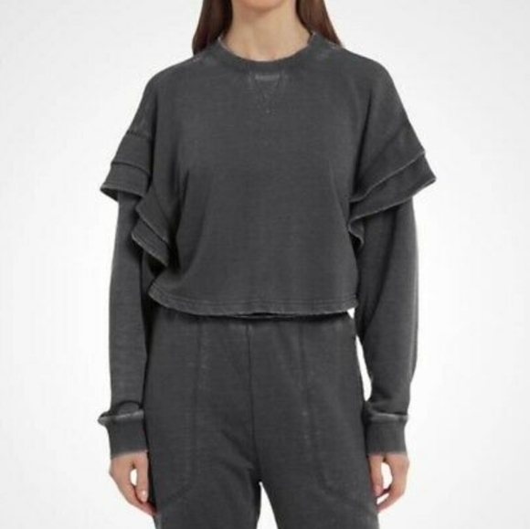 7FAMK 7 For All Mankind Women's Cropped Ruffle Shoulder Dark Gray Sweatshirt - Picture 2 of 14